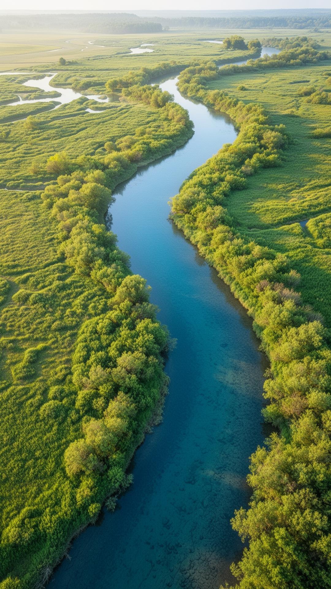 Aerial view of a restored river meandering through wetlands